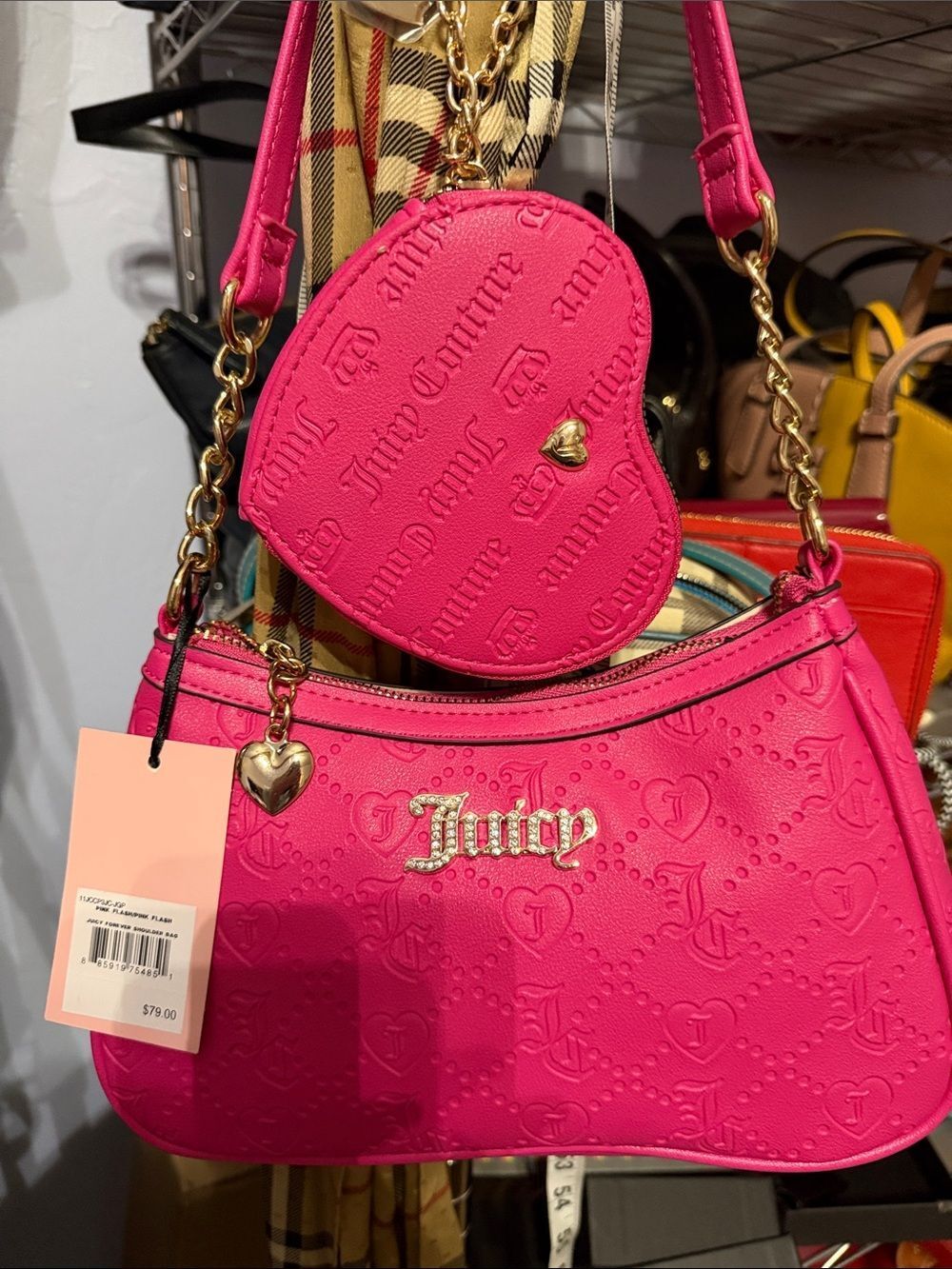 Juicy Couture Hot Pink Embossed Logo Shoulder Bag with Heart Coin Pouch